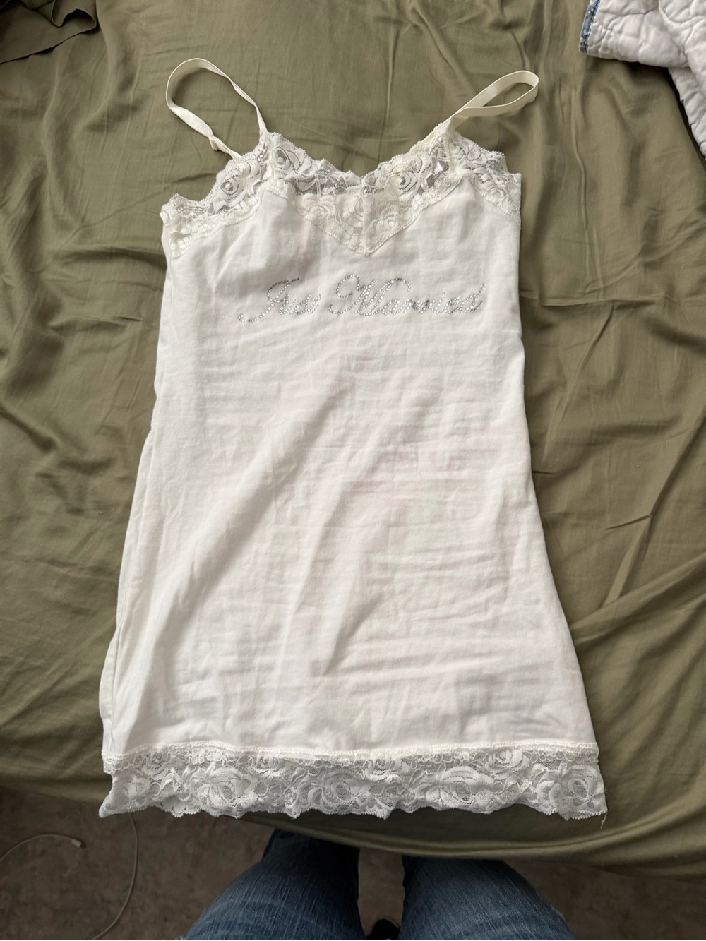 Y2K Marquise Ivory Lace-Trim Camisole Slip with Script Rhinestones